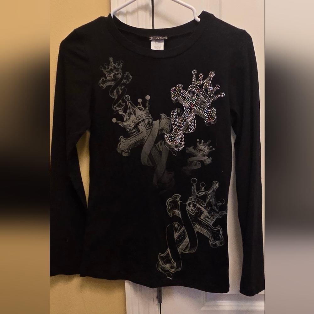Black Long Sleeve Top with Shimmery Queen's Crown Design Y2k Size M